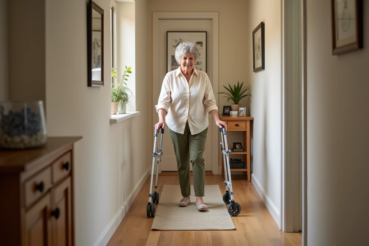 Couloir d'appartement aménagé pour le maintien à domicile d'une personne âgée avec barre d'appui et tapis antidérapant