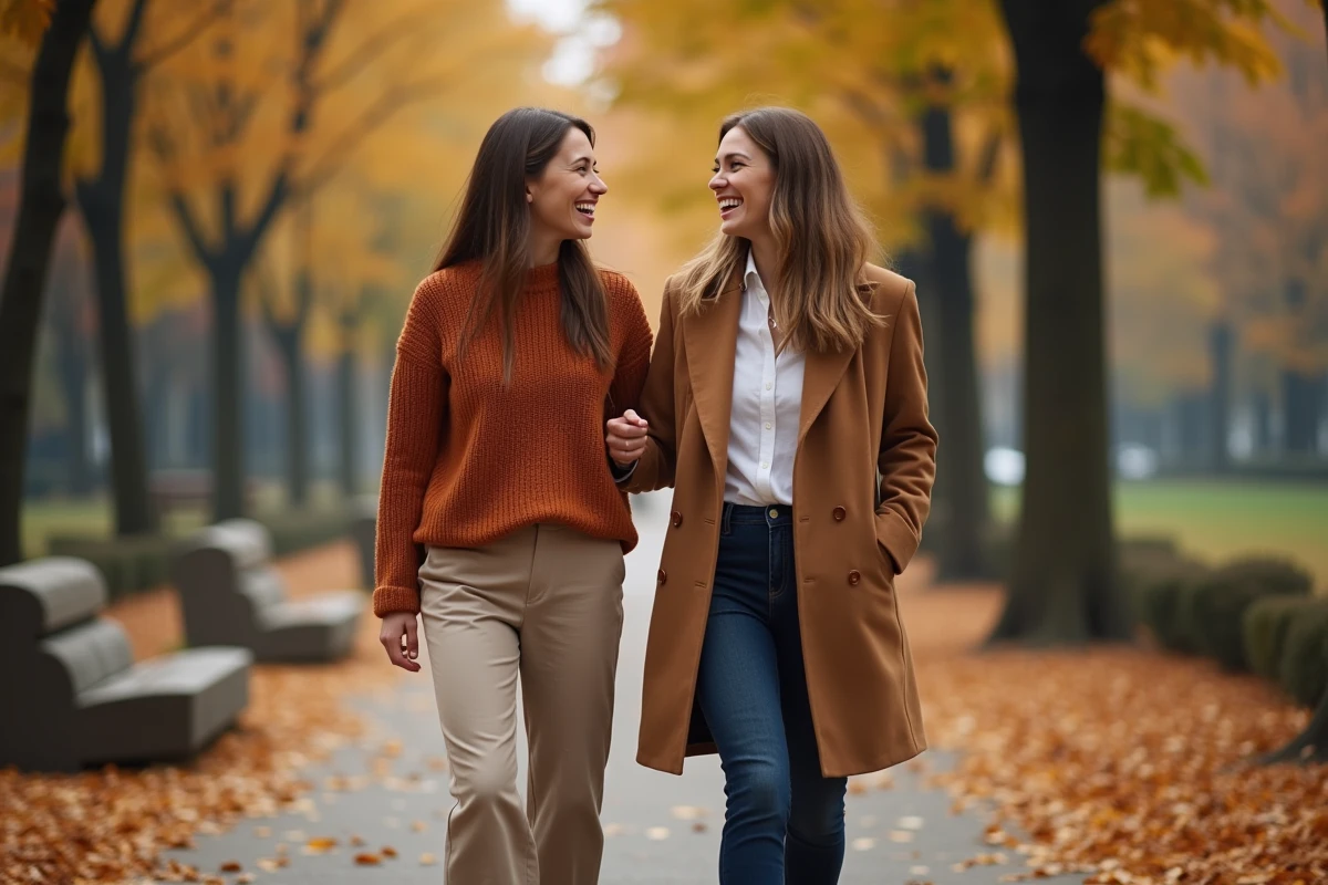 Deux amies se promenant et riant dans un parc en automne, évoquant les relations sociales positives et le bonheur au quotidien