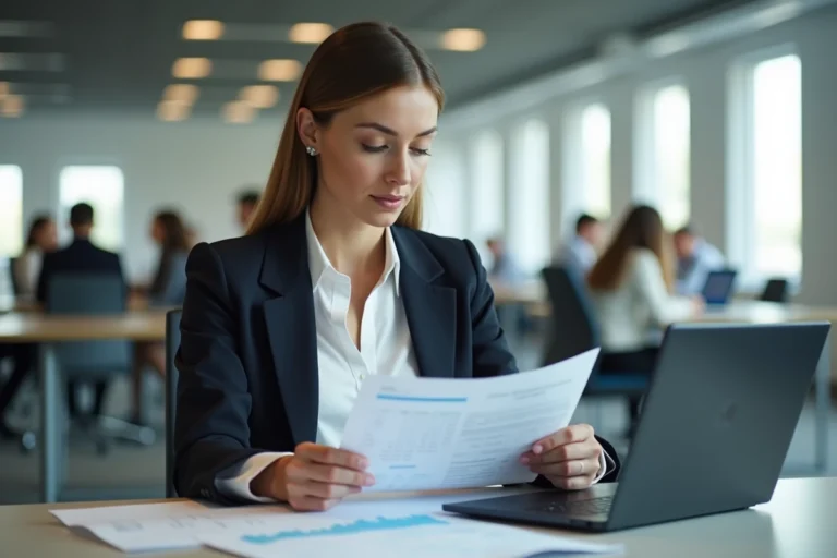 Femme cadre analysant des documents salariaux liés à la convention collective CCN 51 dans un bureau moderne