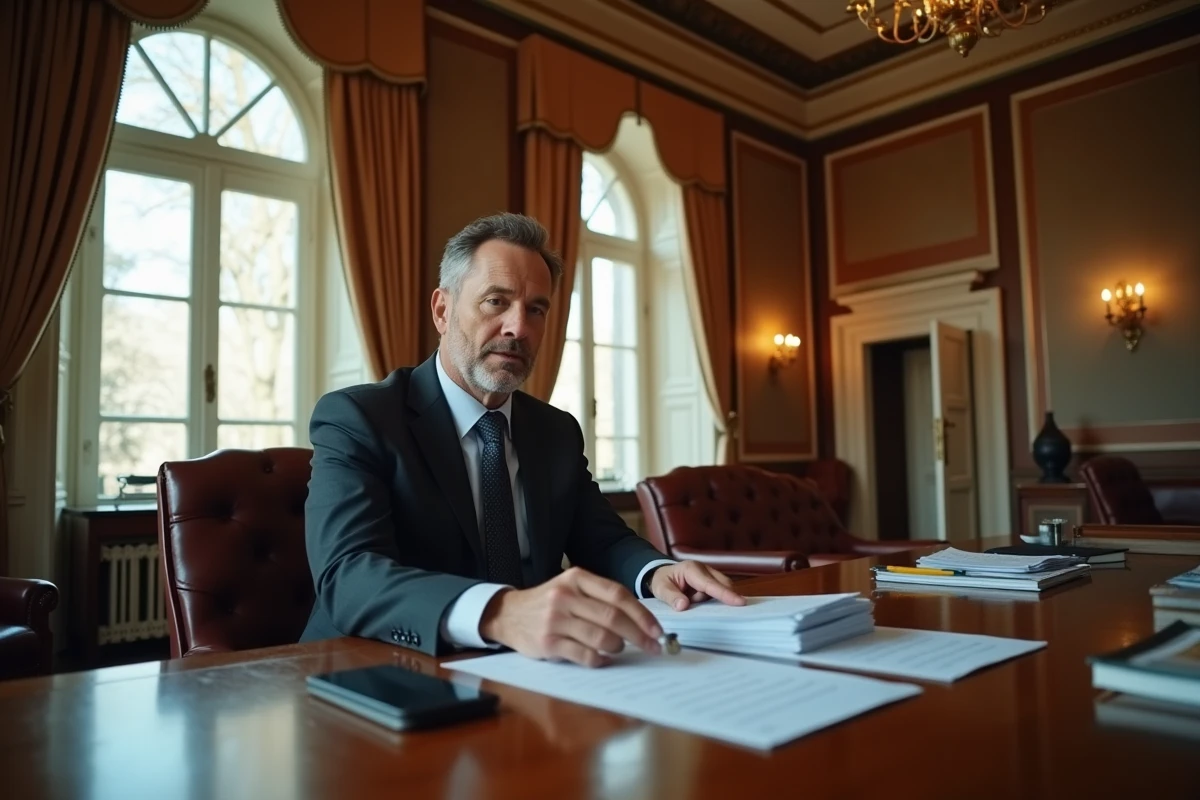 Comptable autrichien à Vienne dans un bureau fiscal traditionnel examinant des formulaires d'impôt sur le revenu, symbolisant la fiscalité lourde en Autriche