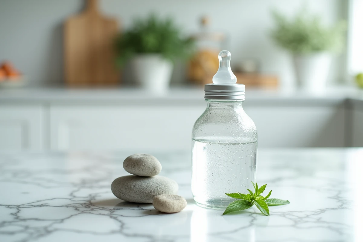 Biberon d'eau minérale naturelle posé sur un plan de travail en marbre blanc, symbole des soins naturels pour nourrisson