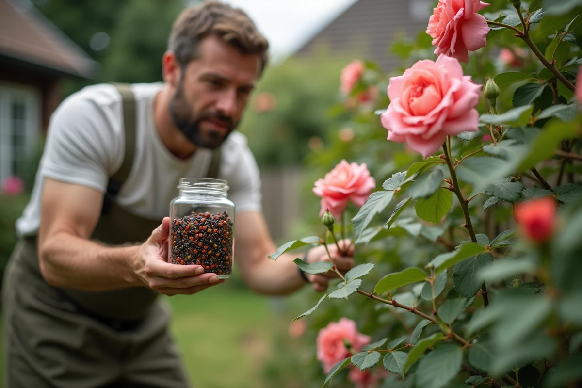 Homme libérant des coccinelles sur un rosier infesté de pucerons dans un jardin, méthode de biocontrôle biologique contre les ravageurs