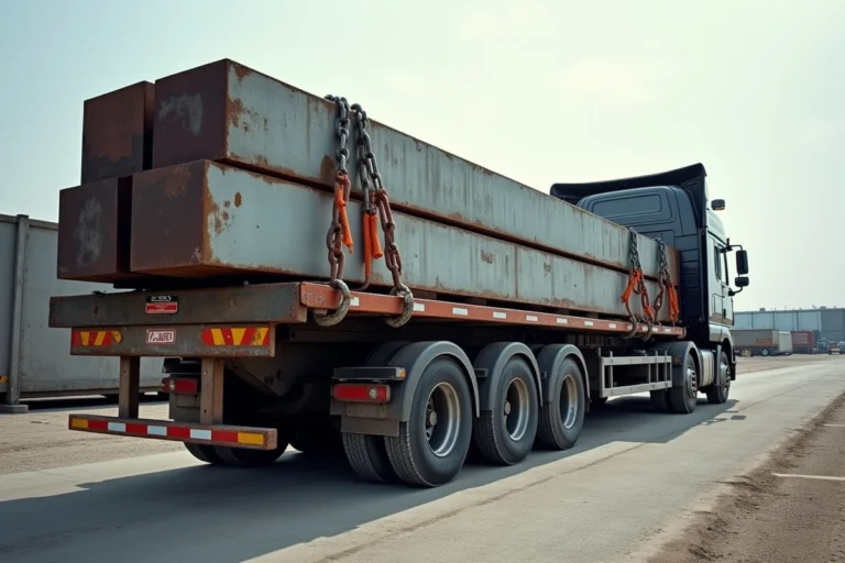 Camion plateau semi-remorque chargé de poutrelles en acier sécurisées par des sangles industrielles dans un hub logistique