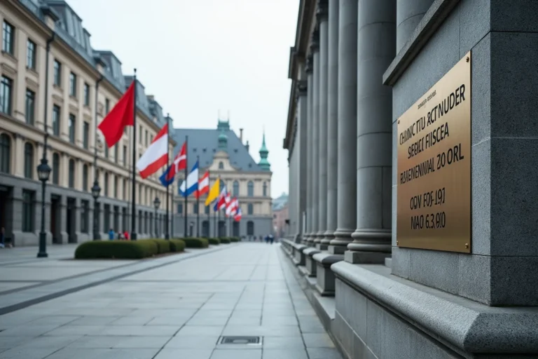 Vue grand angle d'un district financier mondial symbolisant les classements fiscaux internationaux avec drapeaux et bâtiments gouvernementaux