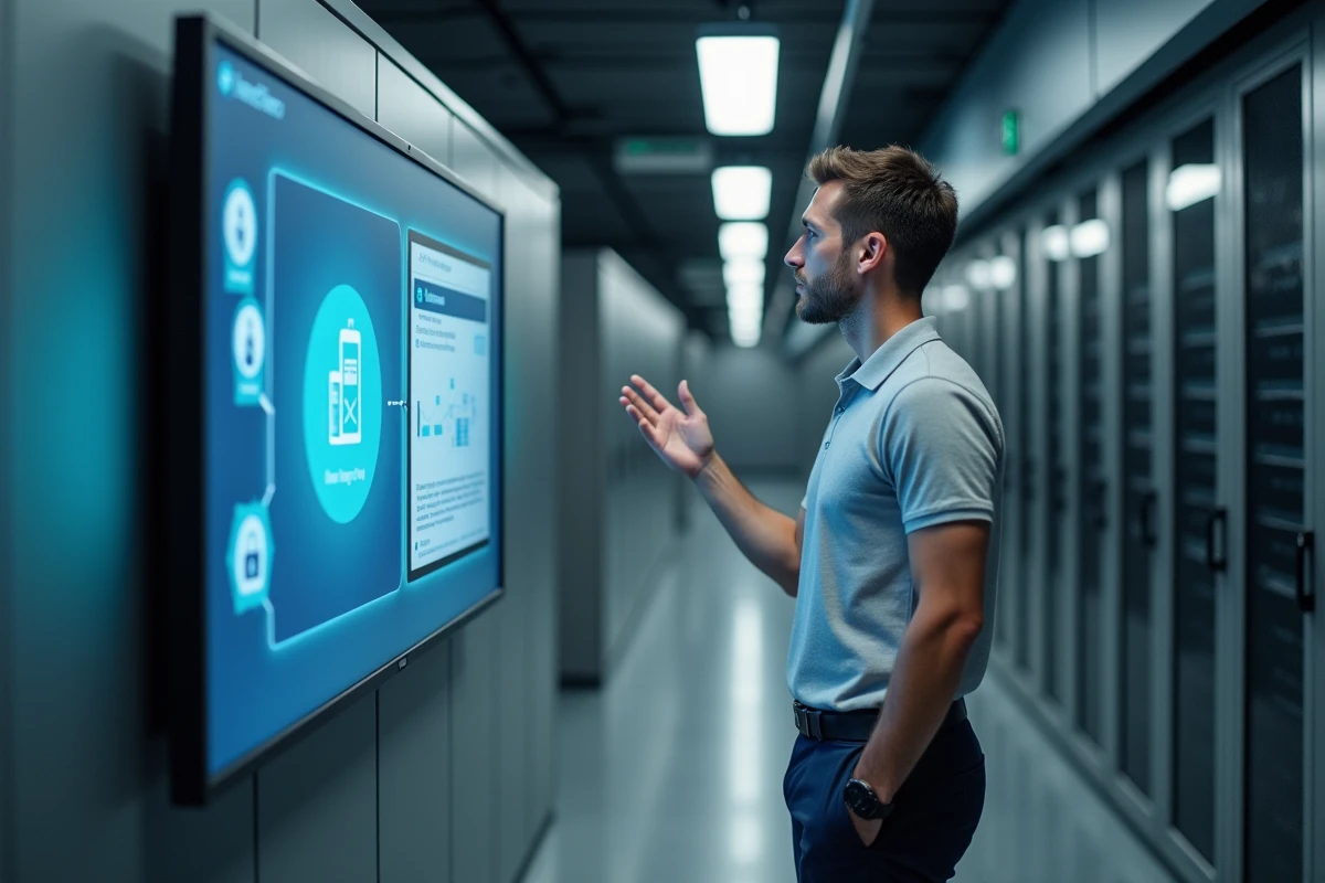 Administrateur informatique hospitalier comparant les plateformes de messagerie sécurisée Mailiz et MSSanté devant un écran dans un couloir de datacenter hospitalier
