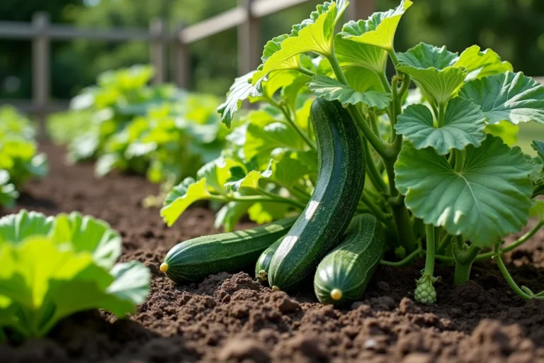 Jardin potager avec concombres et salade en association, vue grand angle sur une planche de culture en pleine terre
