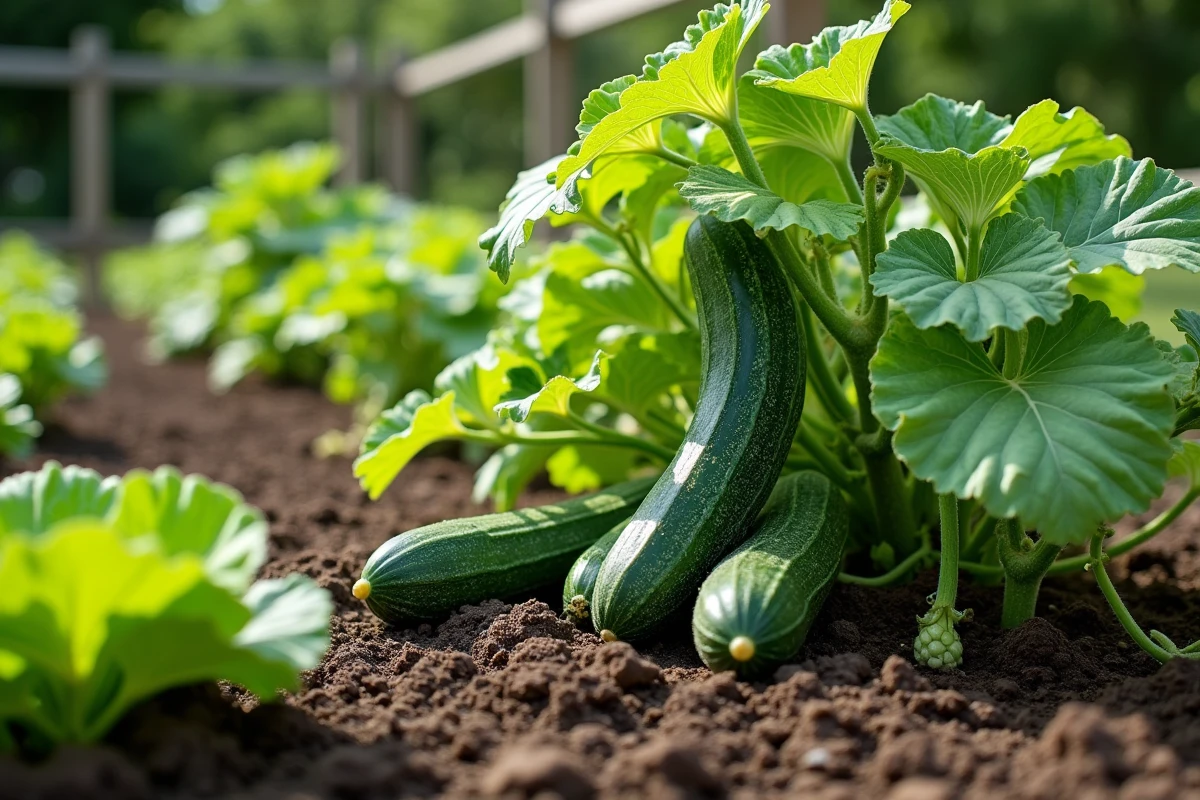 Jardin potager avec concombres et salade en association, vue grand angle sur une planche de culture en pleine terre