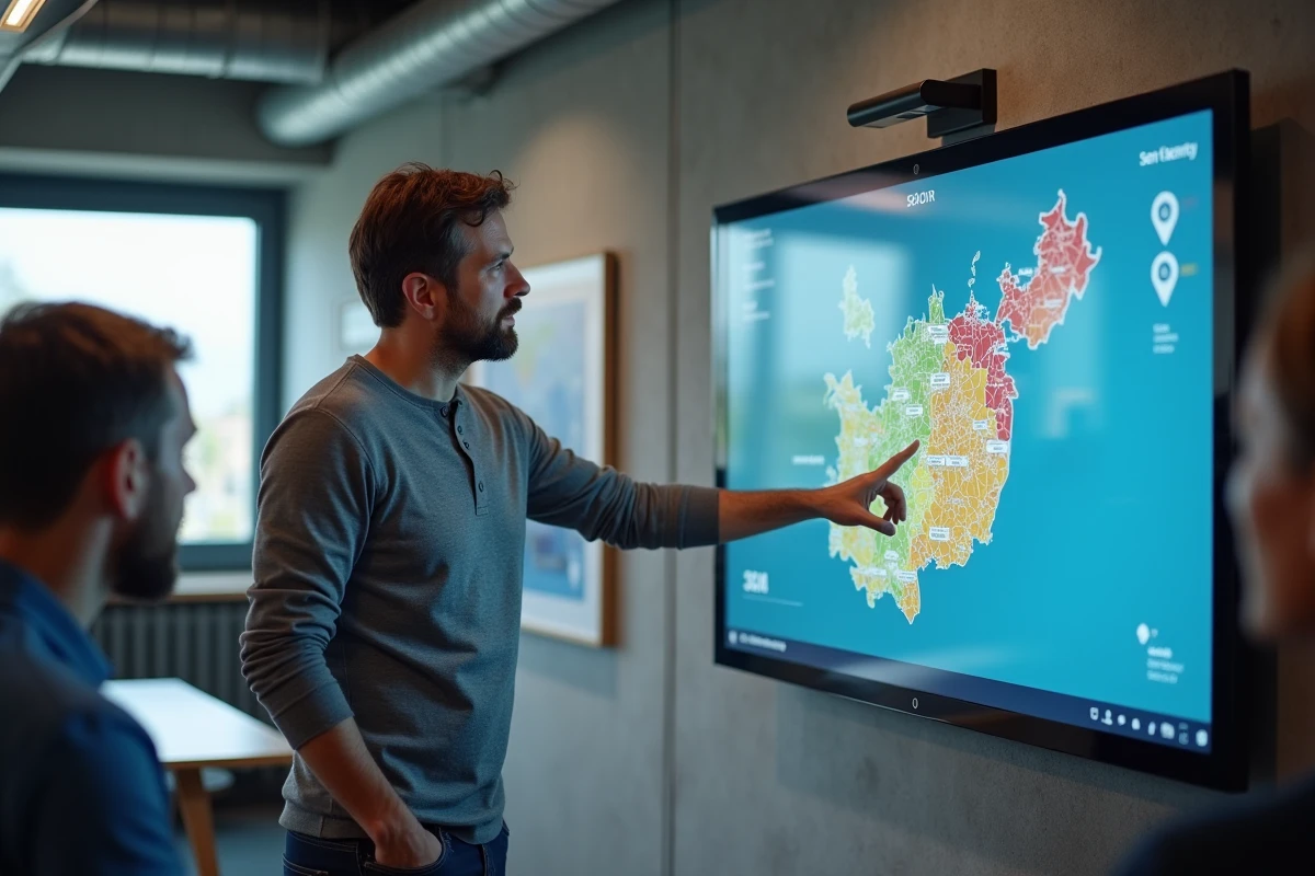 Un consultant en marketing digital présentant une carte de performance SEO pour la Bretagne lors d'une réunion d'agence numérique à Brest