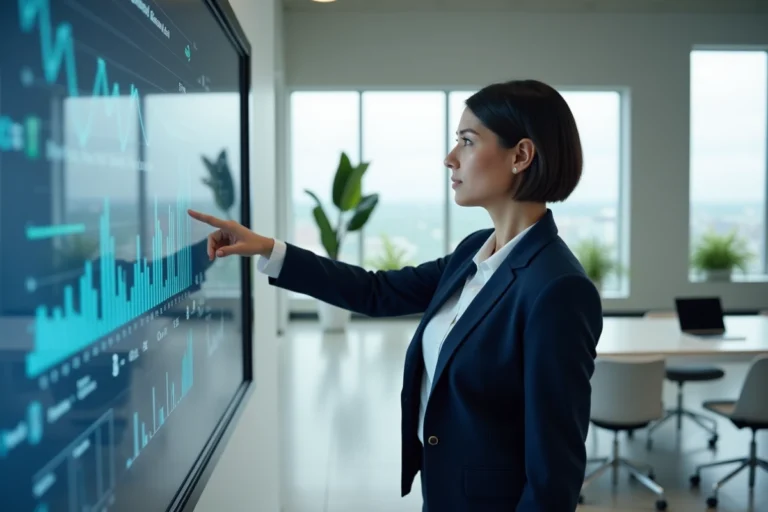 Consultante en entreprise présentant un tableau de bord analytique dans un bureau moderne et lumineux pour accompagner la croissance des entreprises innovantes