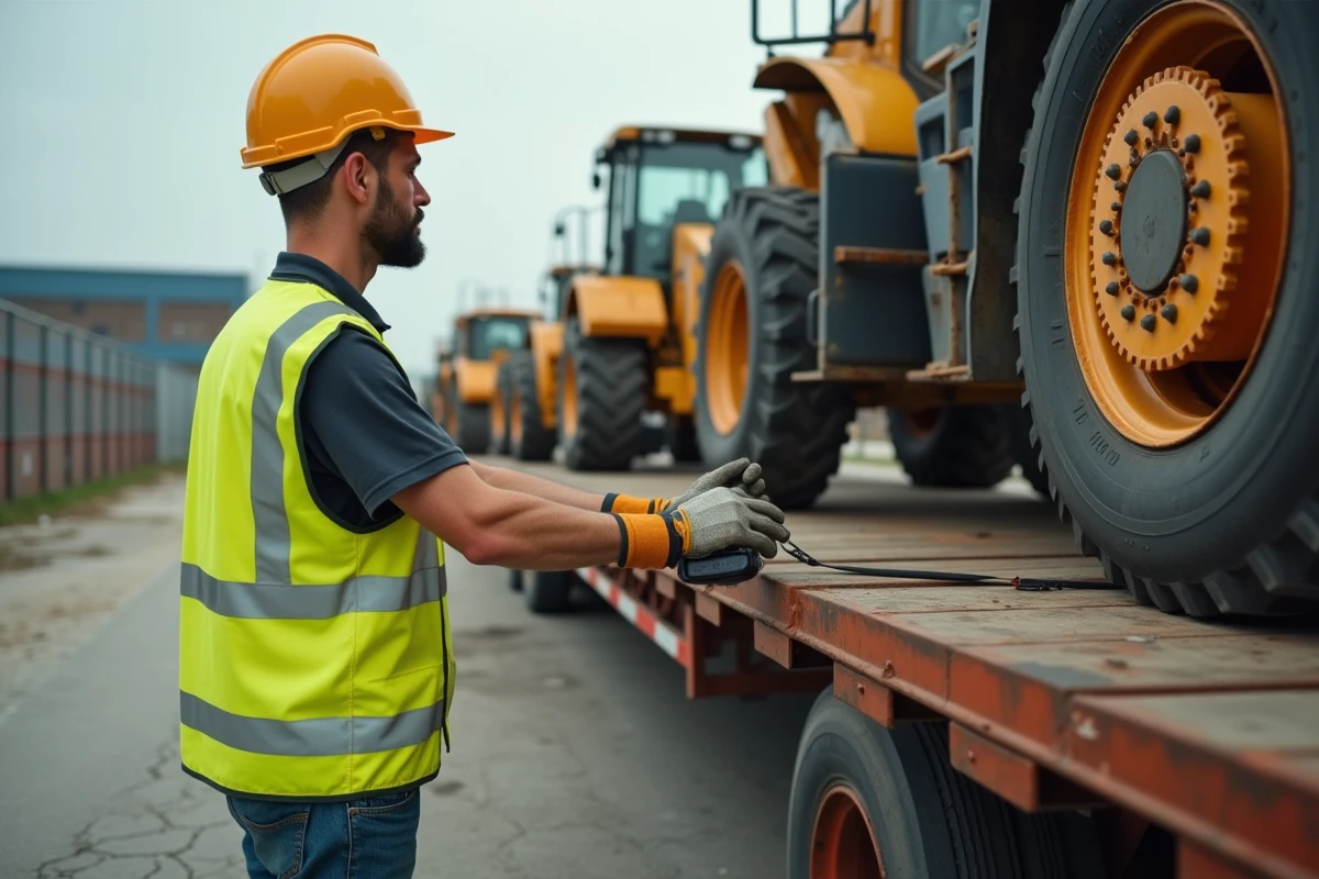 Ouvrier logistique en gilet haute visibilité vérifiant les sangles d'arrimage d'une remorque plateau chargée d'engins de chantier