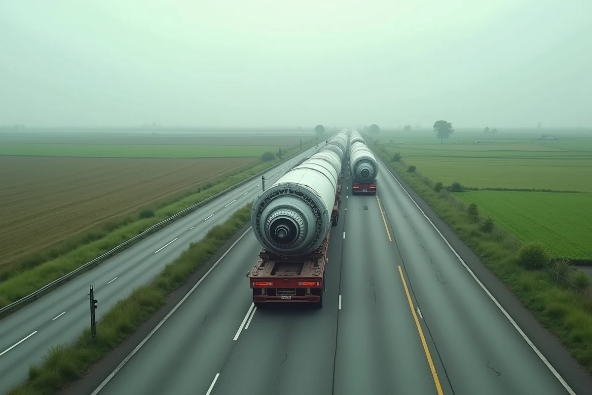 Convoi exceptionnel de remorques plateau transportant des composants industriels surdimensionnés sur une autoroute traversant des champs agricoles