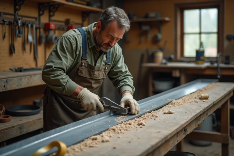 Artisan utilisant des cisailles pour couper une gouttière en zinc sur un établi d'atelier