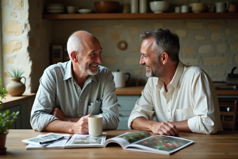 Deux hommes d'âge mûr partageant un moment complice autour d'un café dans une cuisine rustique chaleureuse