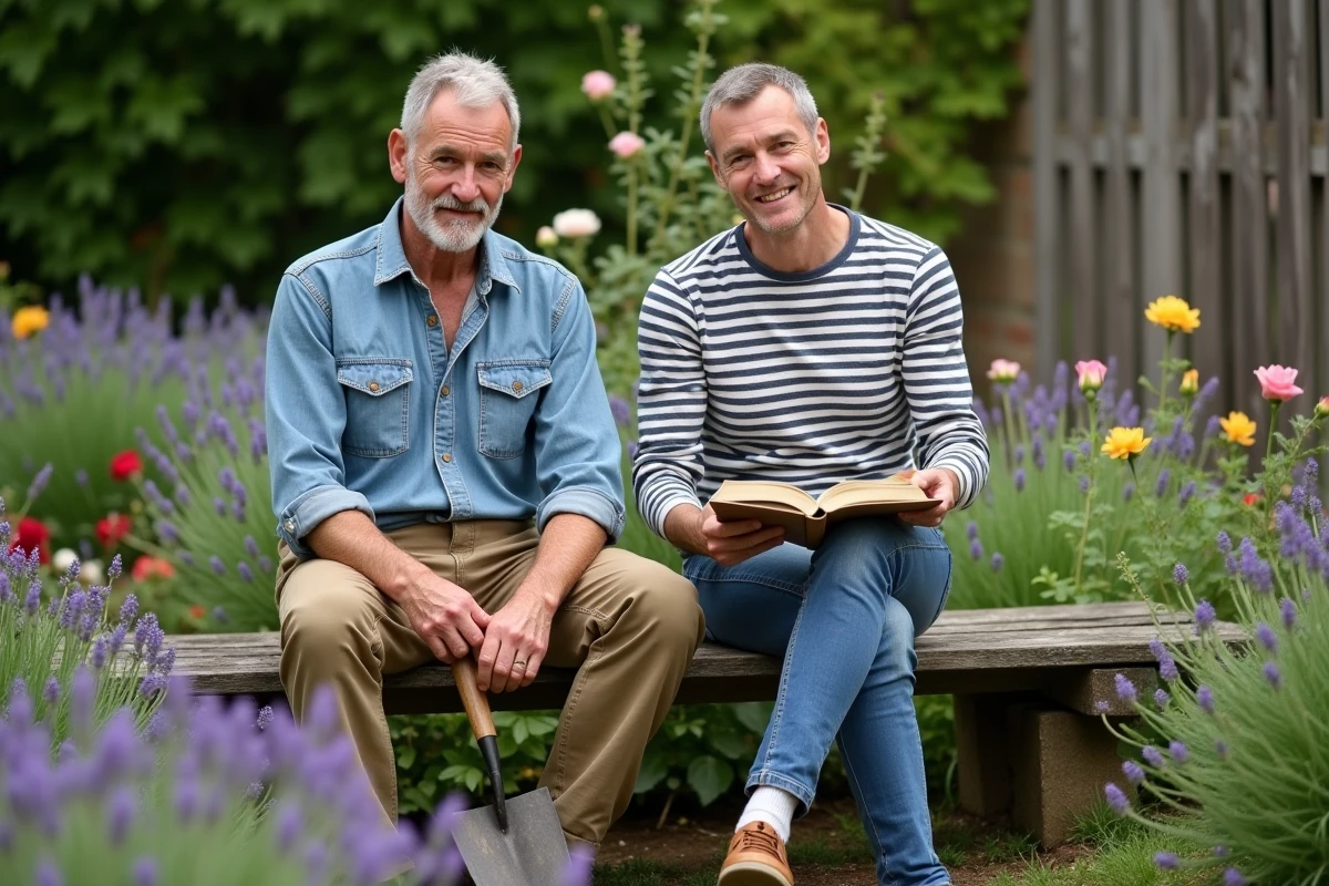 Deux hommes assis paisiblement sur un banc de jardin entouré de lavande et de rosiers dans un jardin de campagne