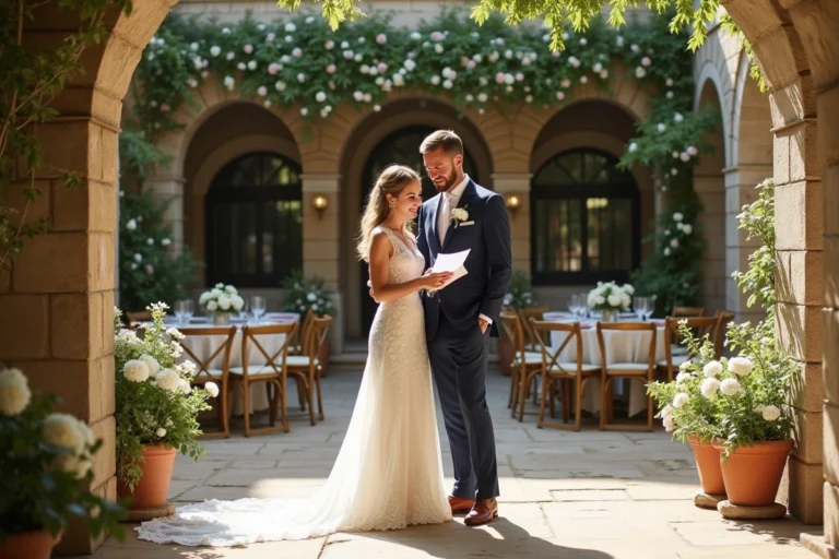 Couple de mariés souriant et révisant leur liste de mariage dans un jardin fleuri avec des arches en pierre ornées de pivoines blanches et roses