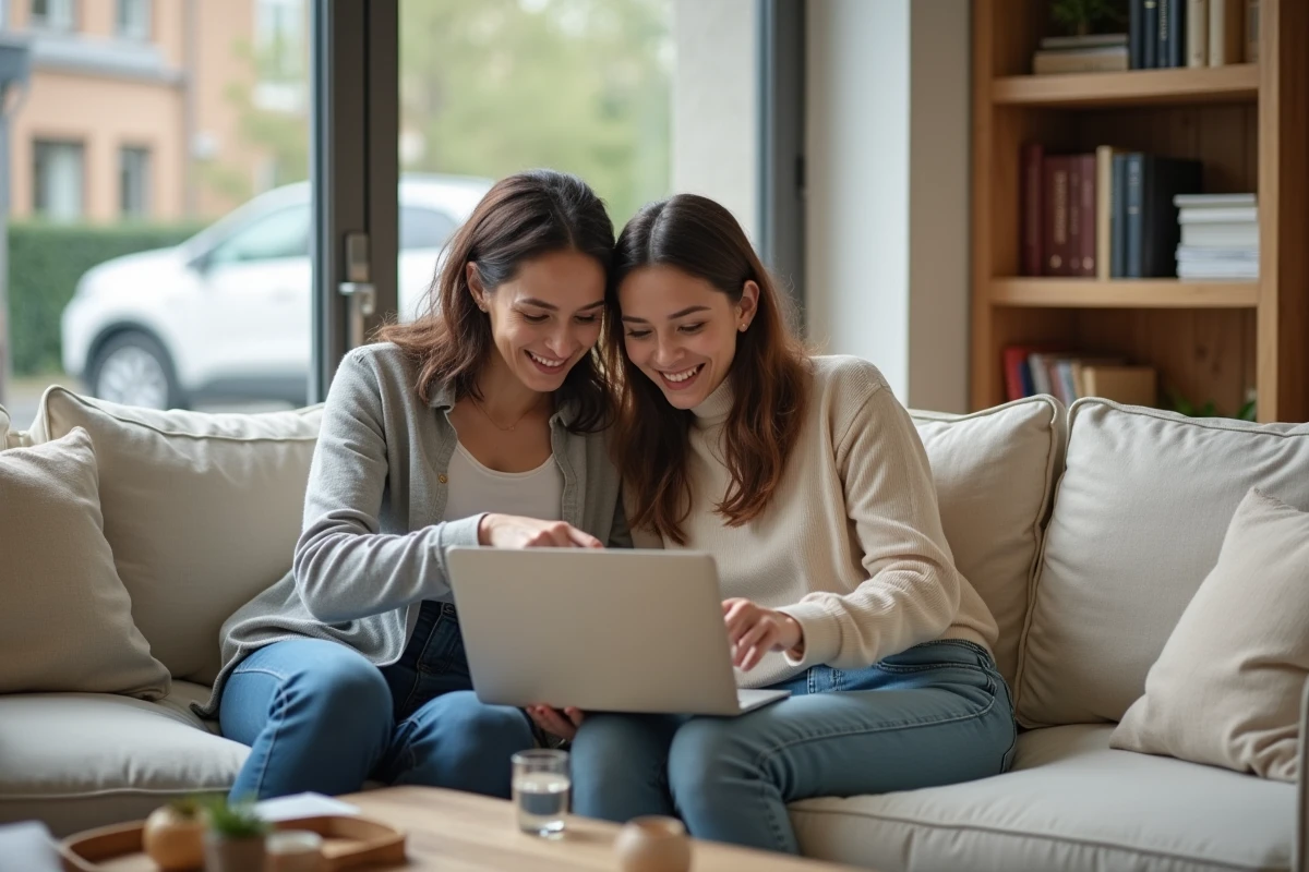 Couple recherchant des biens immobiliers ensemble sur un ordinateur portable dans leur salon