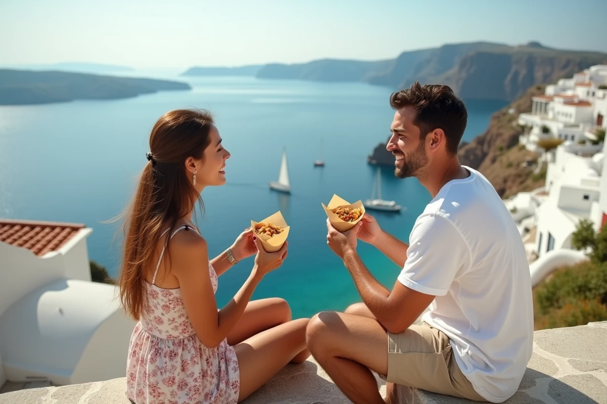 Couple dégustant un en-cas local assis sur des marches avec vue panoramique sur un village côtier méditerranéen