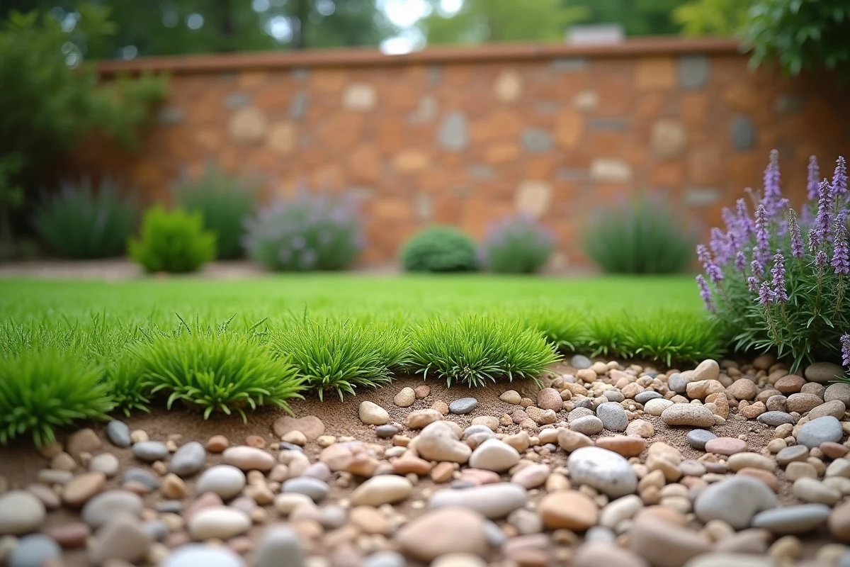 Couvre-sols résistants à la sécheresse comme le thym rampant et le sedum remplaçant le gazon classique sur un talus de jardin
