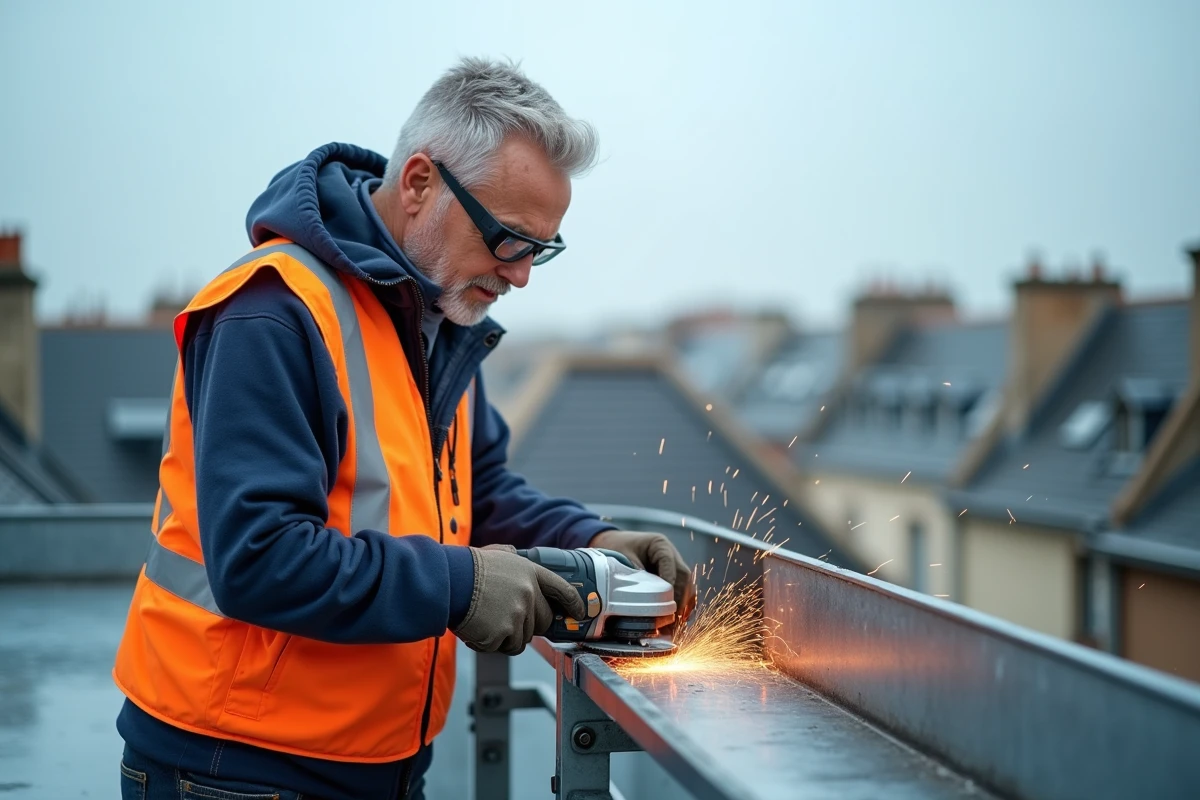 Couvreur professionnel découpant une gouttière zinc arrondie avec une meuleuse d'angle sur une terrasse de toiture