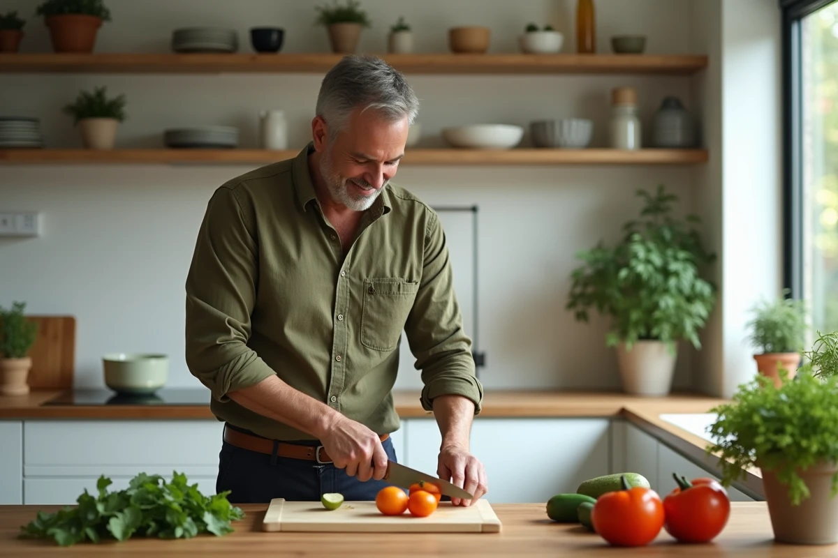 Homme préparant un repas sain dans une cuisine moderne, illustration d'une alimentation équilibrée pour une vie épanouie