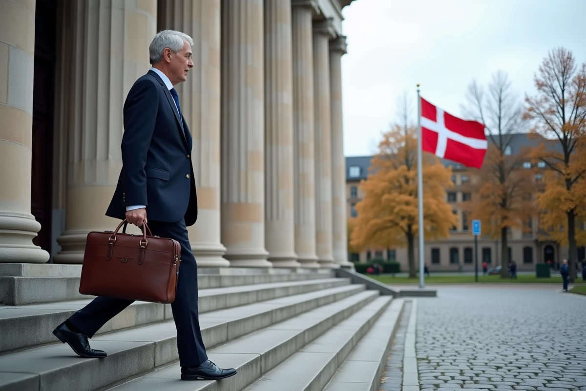 Fonctionnaire danois devant un bâtiment gouvernemental à Copenhague avec le drapeau danois, symbolisant la pression fiscale élevée au Danemark