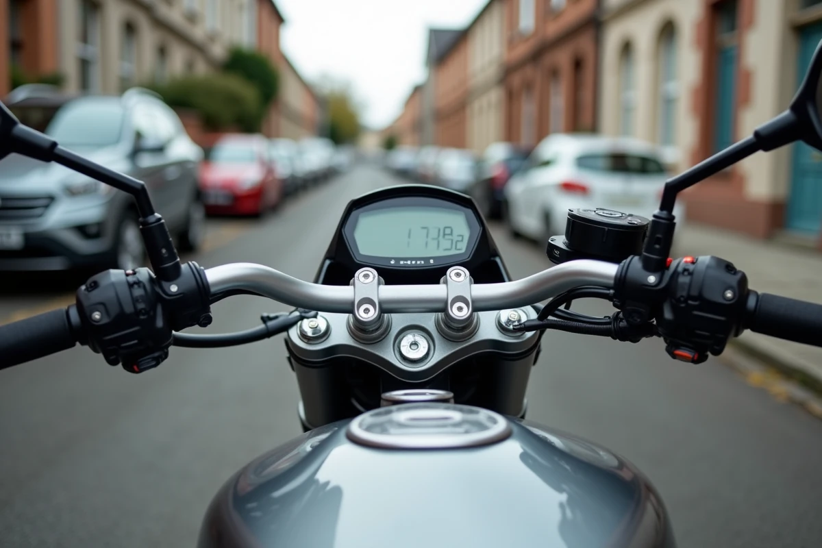 Détail du tableau de bord et guidon d'une moto 750cc bridée pour le permis A2
