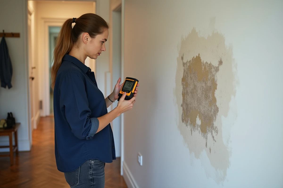 Femme utilisant un hygromètre pour diagnostiquer une auréole d'humidité sur un mur de couloir