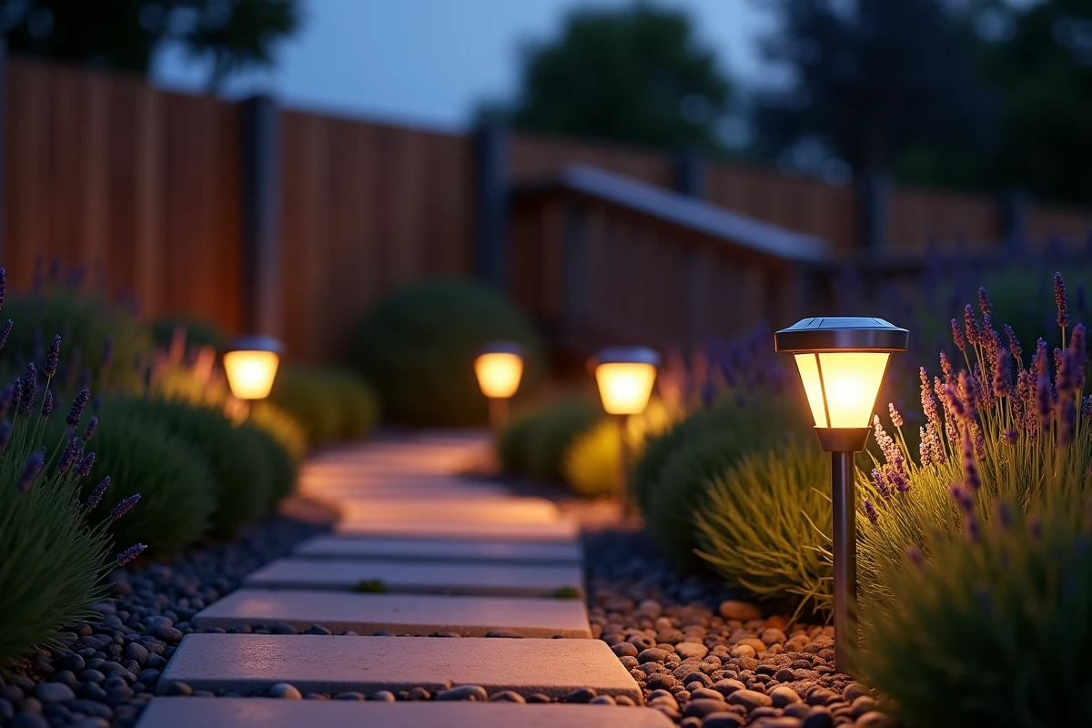 Chemin de jardin résidentiel au crépuscule bordé de lampes solaires basse tension sur piquets illuminant des lavandes et des dalles en pierre