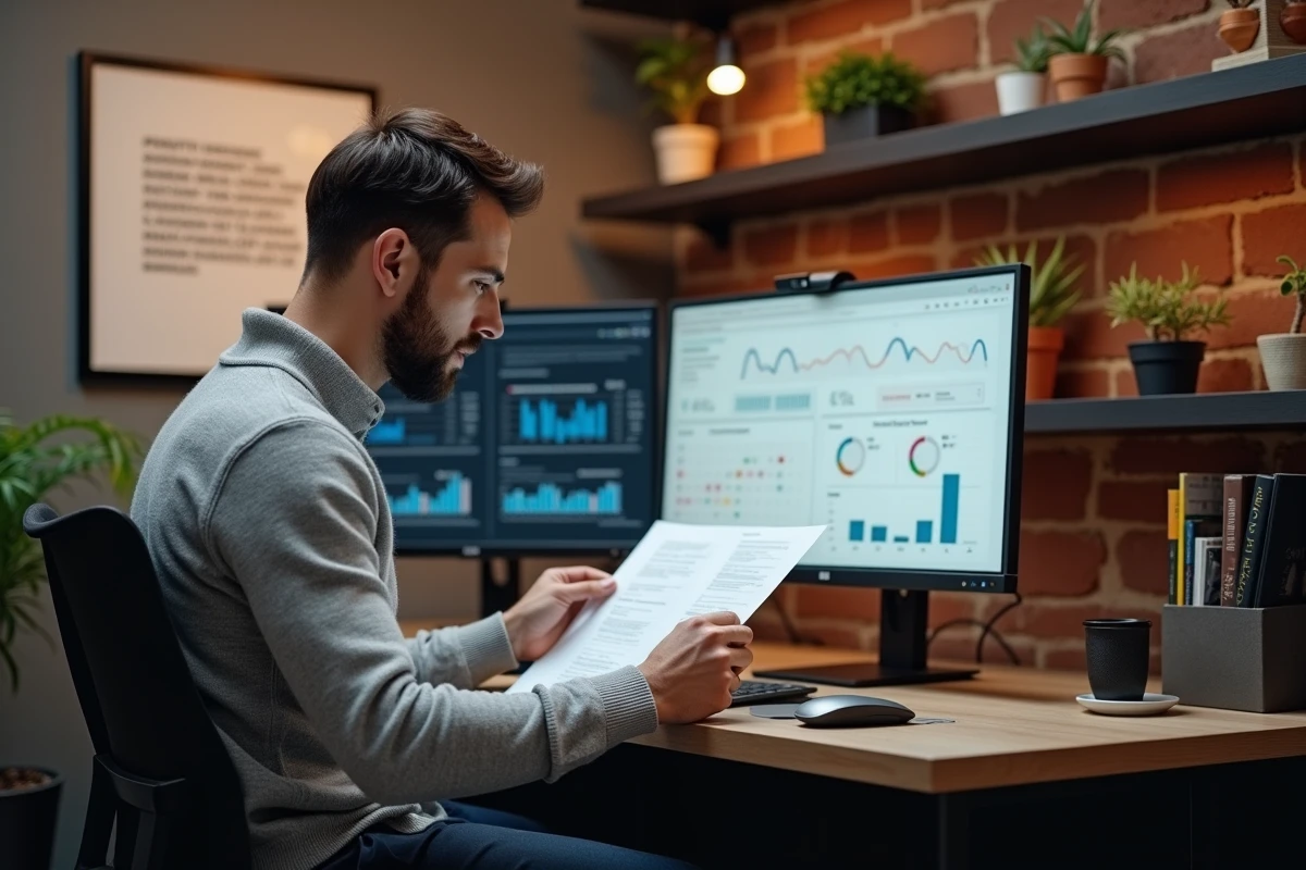 Entrepreneur concentré analysant une stratégie de croissance sur deux écrans dans un bureau privé au décor chaleureux, symbolisant l'accompagnement personnalisé de NewCom inc