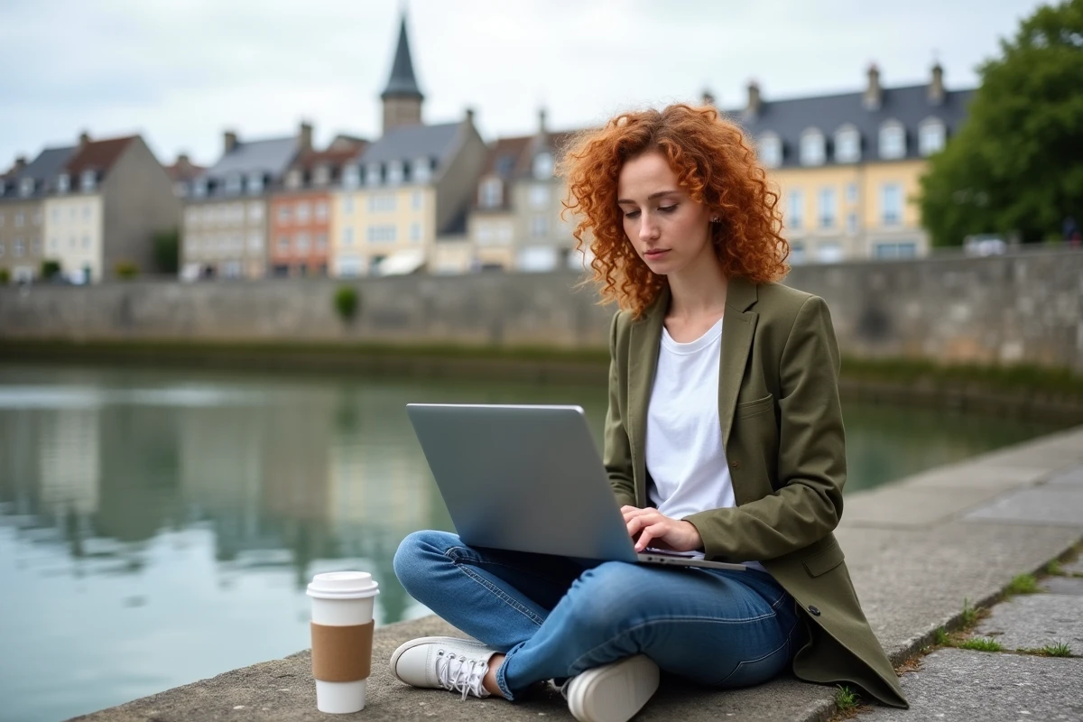 Une jeune entrepreneuse travaillant sur la présence en ligne de son activité locale depuis les bords de l'Odet à Quimper en Bretagne
