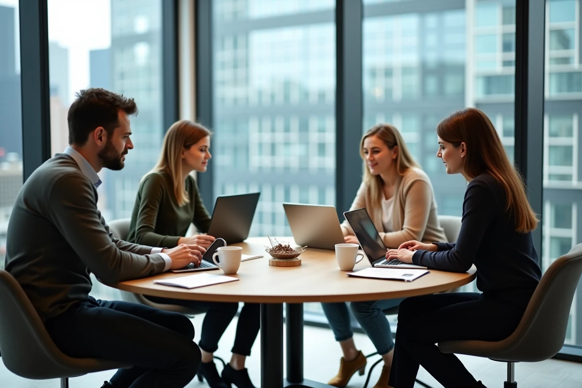Équipe professionnelle en réunion collaborative utilisant des outils numériques et un logiciel de gestion de projet pour améliorer les performances de leur entreprise