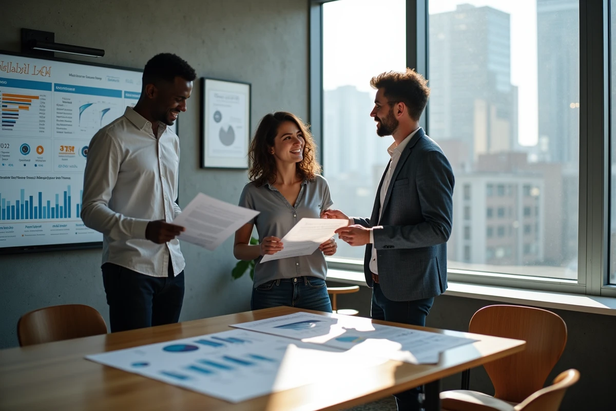 Équipe d'experts SEO collaborant sur une stratégie de visibilité en ligne en salle de réunion