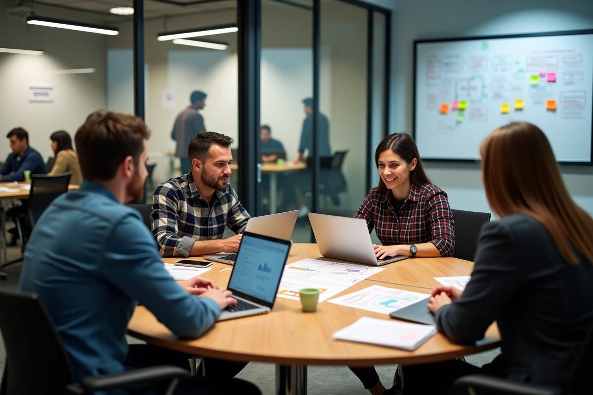 Équipe pluridisciplinaire en réunion stratégique autour d'une table de conférence dans un espace de coworking moderne, illustrant l'accompagnement des entreprises innovantes