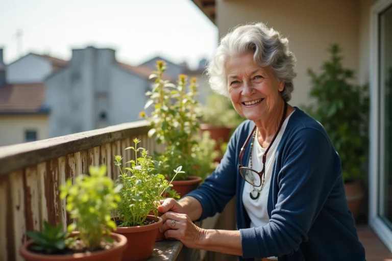 Femme âgée autonome entretenant son jardin de balcon, symbole de bien vieillir à domicile
