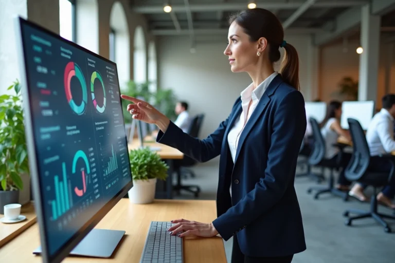 Femme cadre utilisant un tableau de bord numérique interactif dans un bureau moderne pour piloter la transformation digitale de son entreprise