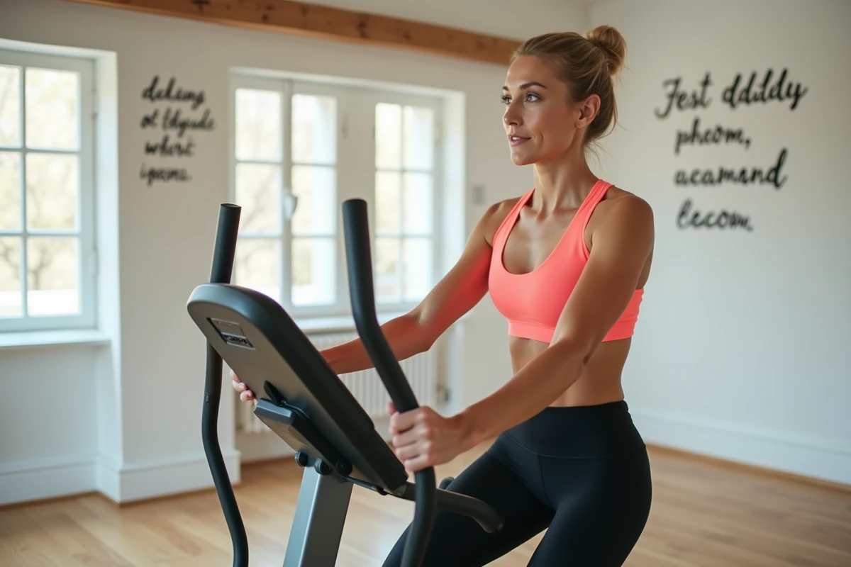 Femme sur un vélo elliptique en salle de fitness pour brûler les graisses latérales et affiner la taille