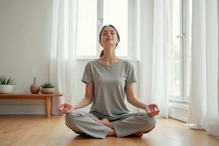 Femme pratiquant la méditation dans un salon minimaliste scandinave pour améliorer son bien-être quotidien