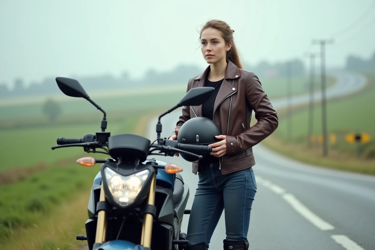 Jeune femme motarde évaluant sa 750cc bridée en bord de route à la campagne