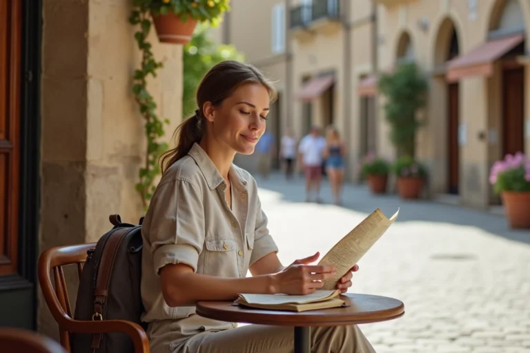 Femme consultant une carte papier et un carnet de voyage dans un café de village européen ensoleillé