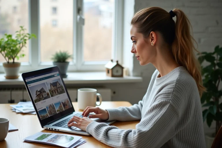 Femme consultant des offres immobilières en ligne sur un ordinateur portable dans un bureau à domicile