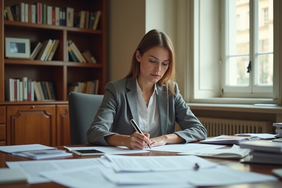 Comptable française dans un bureau administratif parisien examinant des déclarations fiscales et TVA sur son bureau
