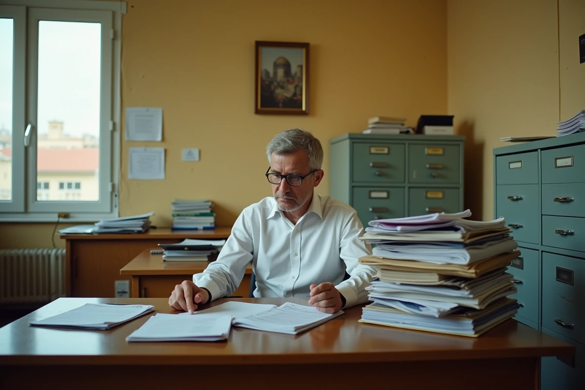 Auditeur fiscal grec à Athènes dans un bureau administratif examinant des dossiers de conformité fiscale, symbolisant la pression fiscale renforcée après la crise de la dette en Grèce