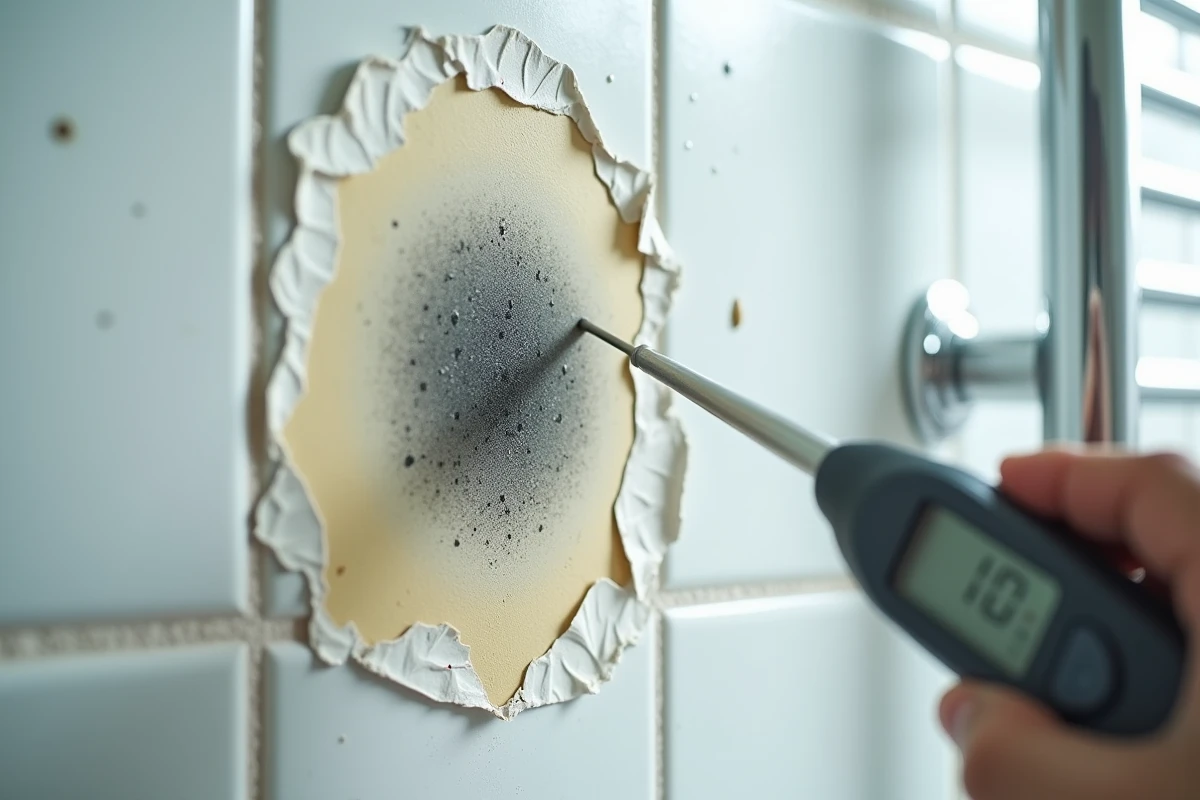 Gros plan d'une auréole d'humidité avec moisissures et peinture écaillée sur un mur de salle de bain