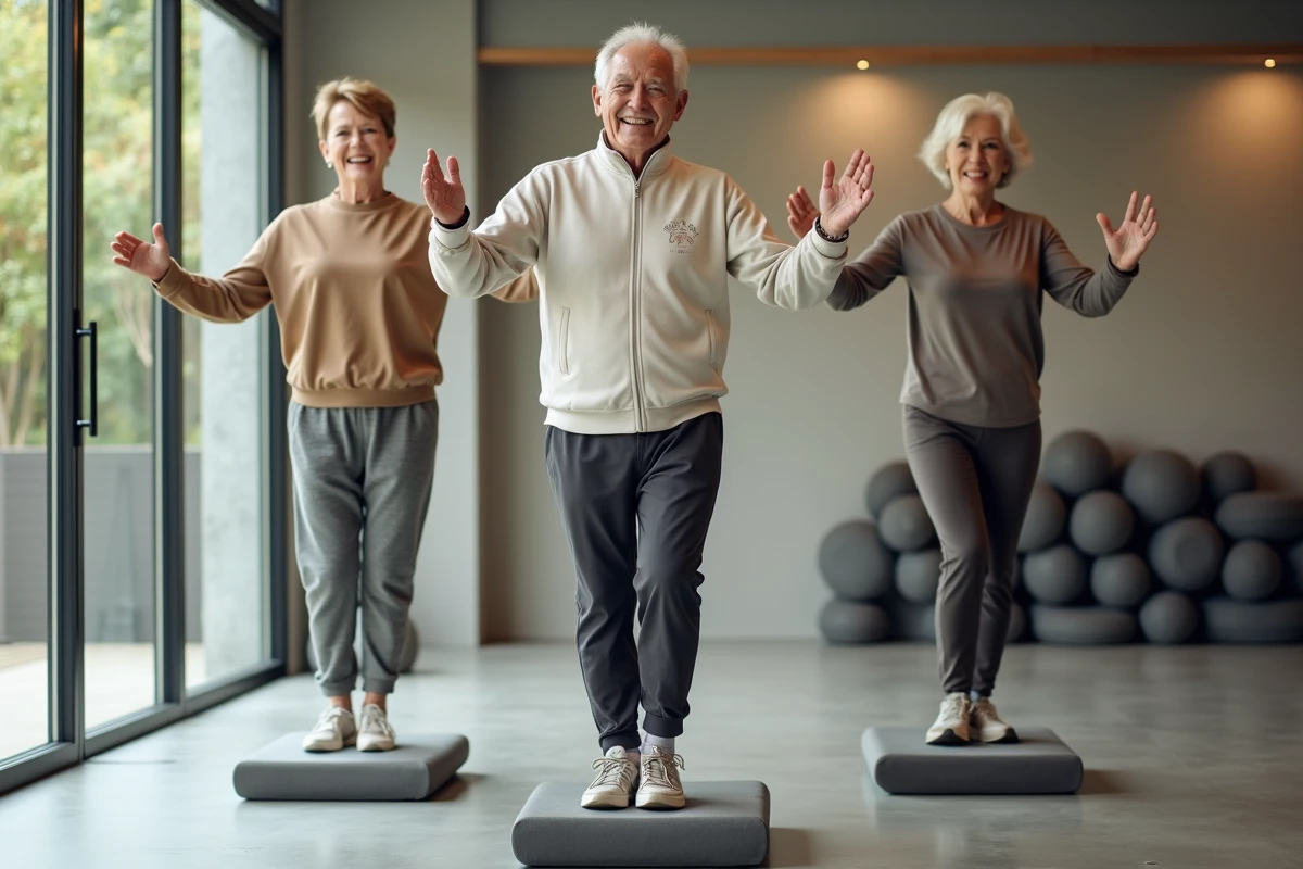 Groupe de seniors pratiquant des exercices d'équilibre sur plateaux en mousse dans un centre de bien-être