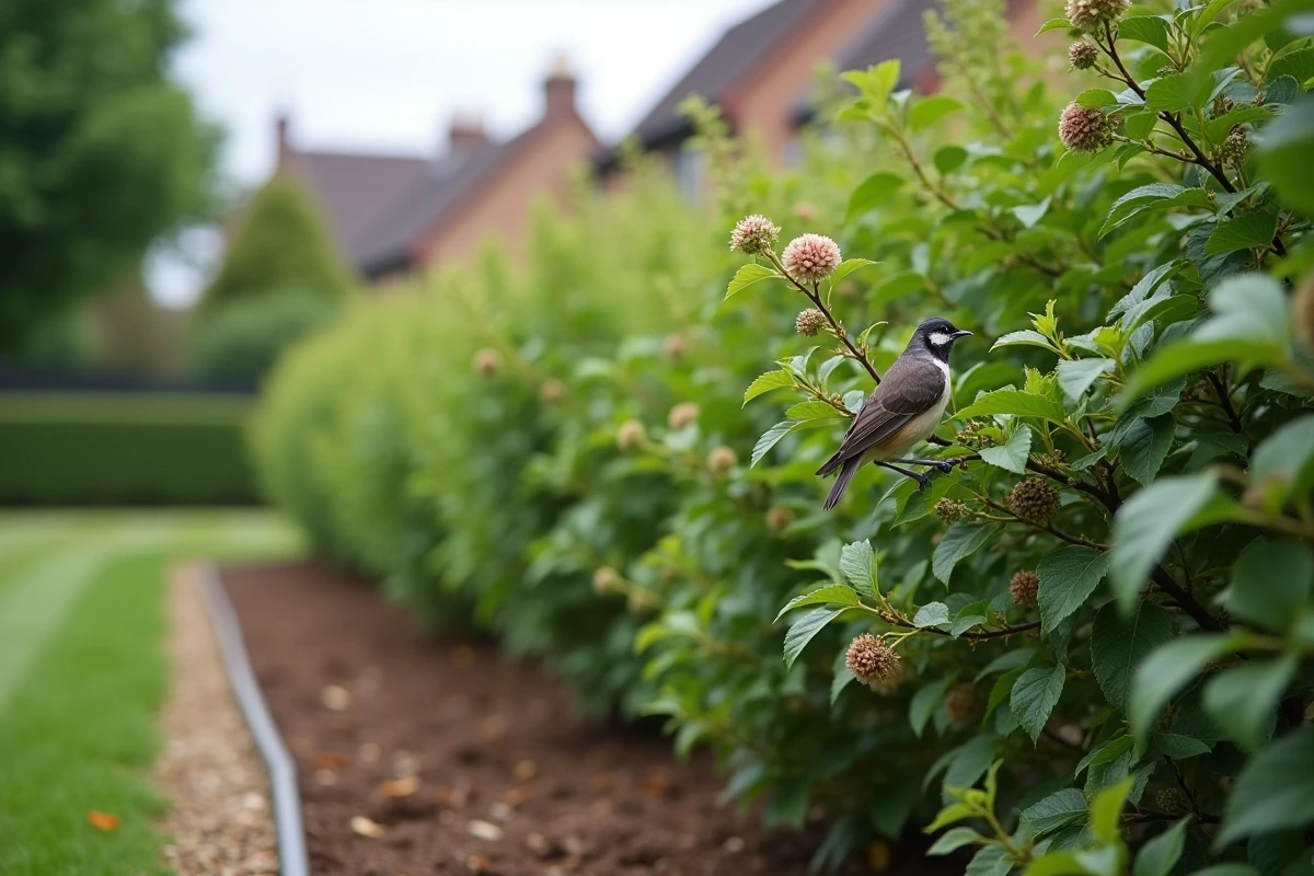 Haie mixte composée d'aubépine, de sureau et d'églantier plantée en bordure d'un jardin résidentiel pour la biodiversité et la structuration de l'espace