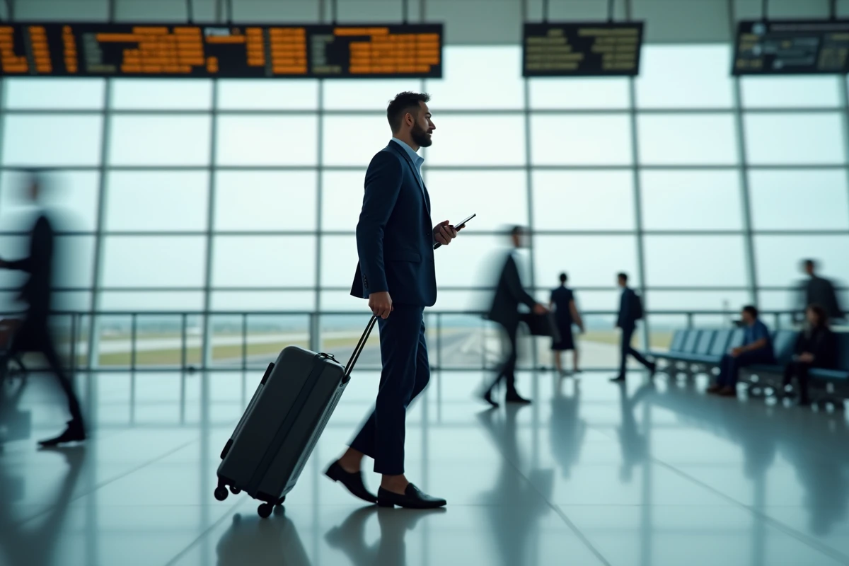 Homme voyageant seul dans un aéroport international moderne avec valise et carte d'embarquement