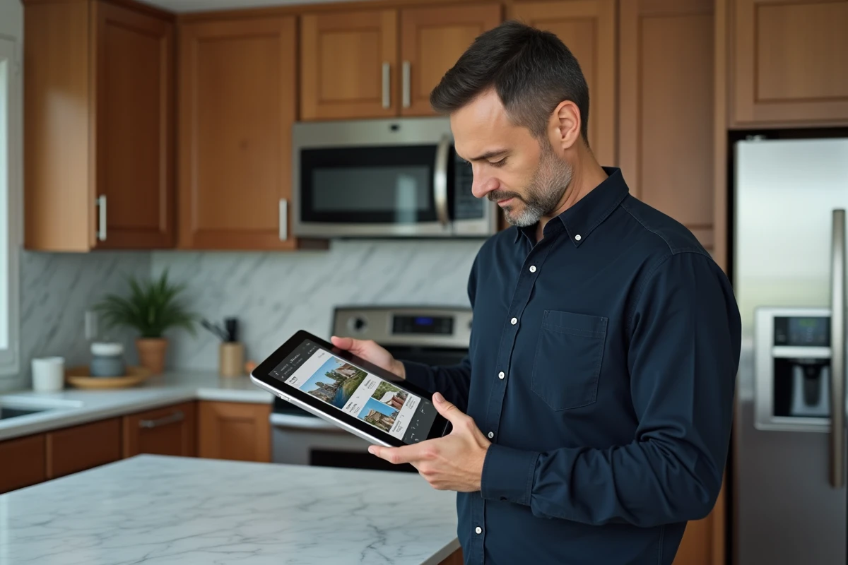 Homme consultant une application immobilière sur tablette dans une cuisine moderne
