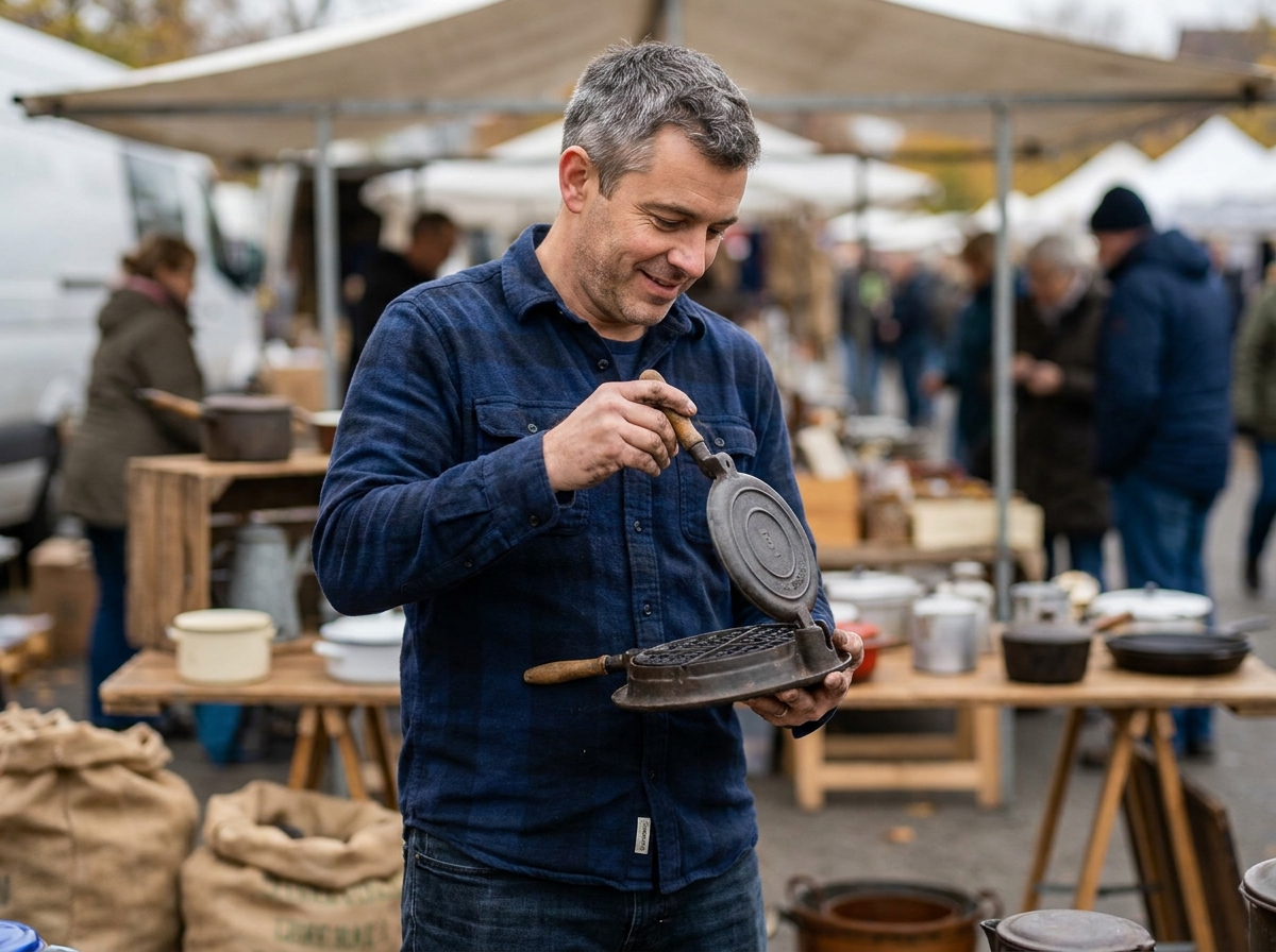Homme inspectant une pince à gaufrer ancienne sur un marché d'antiquités en plein air