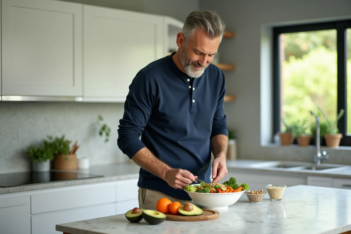 Homme préparant un repas sain et équilibré dans une cuisine moderne pour prendre soin de sa santé au quotidien