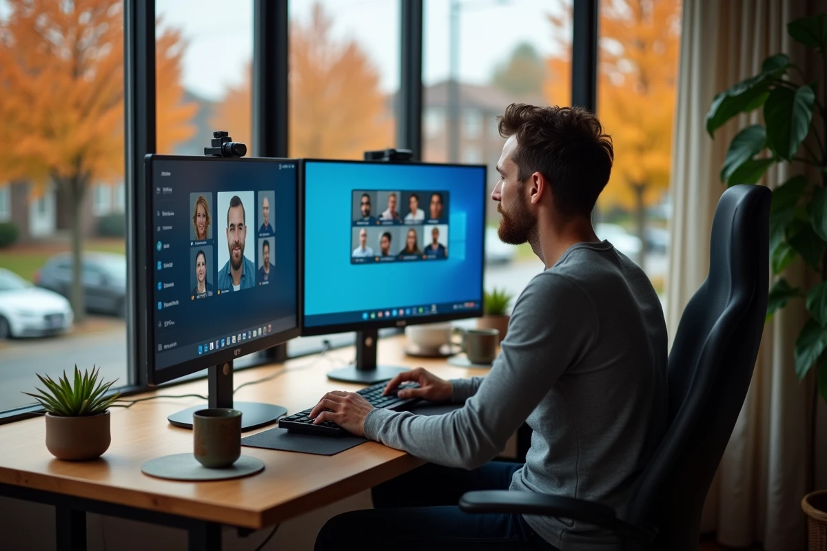 Homme en télétravail depuis son bureau à domicile utilisant un double écran et des outils de collaboration en ligne dans le cadre de la digitalisation du travail